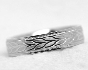 4mm 925 Sterling Silver Wedding band for Women & Men, Engraved Floral Leaf Design, Nature Inspired Promise Engagement ring Anniversary Gift