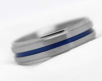 6 mm Titanium Wedding Ring, Blue Ceramic plated line, Titanium Ring, Blue Titanium Band, Brushed Two Tone Anniversary Ring, Engagement Band