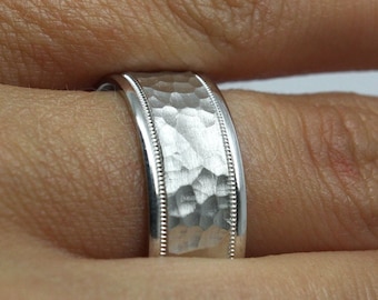 8mm 925 Silver Ring Hammered Mens Wedding Band Women, Engraved Personalized Ring, Mens Engagement Ring Promise Anniversary Gift