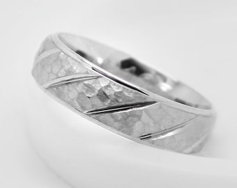 6mm 925 Silver Hammered Wedding Ring for Men/Women with Diagonal Lines