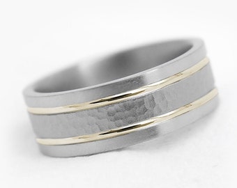 8 mm Hammered Titanium Mens Wedding Band Titanium + Solid 10K Gold or 925 Silver Lines Two tone Titanium Mens Engagement Promise Anniversary