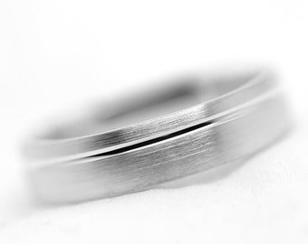 5mm 925 Silver Classic Wedding Ring for Men & Women, Brushed Ring with off centre Line, Engraved wedding Rings Matching Gold rings 0002