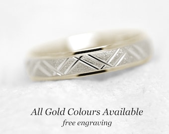 5mm 10K Gold Wedding Band for Men and Women in Two tone Gold Ring with Sparkly Texture  Geometric Anniversary Ring gift, 10k 14k 18k