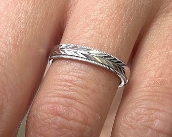 3mm 925 Sterling Silver Ring, Solid Silver Wedding Band for Men & Women, Wheat Faceted Sparkly Wedding Ring