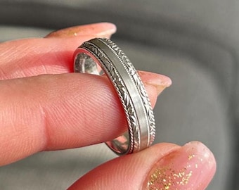 5mm Solid 925 Silver Wedding Ring for Men & Women, Filigree Edge Wedding Band, Engraved Personalized Matching Rings Promise Anniversary Gift