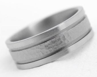 Titanium 8 mm Classic hammered ring, for Men Wedding band, Matte Satin and Polish Finish, Titanium Custom ring in Gold Platinum Silver Ring