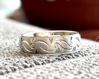 7mm 10K Gold Wedding Band for Men & Women, Personalized Filigree Two Toned Men's Engagement Ring Anniversary Gift Custom Engraving