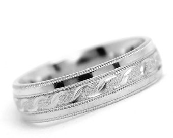 5mm 925 Silver Wedding Band for Men & Women with Filigreed Design and Stone Finish