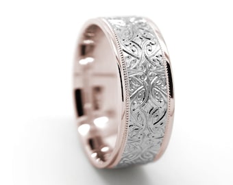 8 mm 10K Gold Floral Wedding Band Men Women, Ornamental Engraved Two Tone Gold, Men's Engagement Ring Anniversary Gift