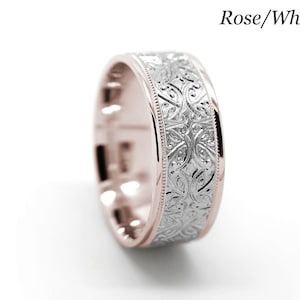 8 mm Unique Floral Wedding Ring, Flower Ring for Women and Men, Engraved Ring Solid 10k 14k 18k Gold, Matching Filigree Rings for Couples