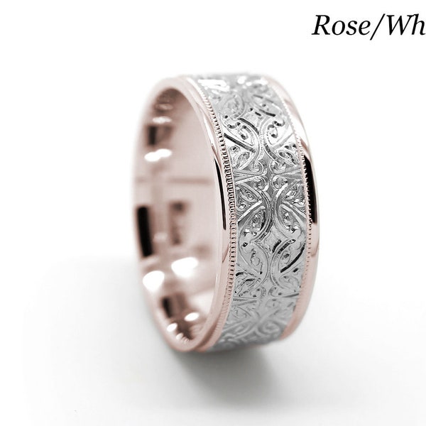 8 mm Unique Floral Wedding Ring, Flower Ring for Women and Men, Engraved Ring Solid 10k 14k 18k Gold, Matching Filigree Rings for Couples