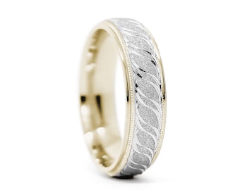6mm 10k Gold Wedding Band for Men and Women • Solid Two tone Gold Filigree Sparkly Mens Engagement Ring Promise Anniversary Gift 14k 18k