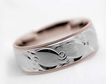 8mm 10K Gold Mens Wedding Band, Personalize Engraving Handcrafted Filigree, Men's Engagement Ring Anniversary Gift Two Tone Gold