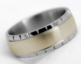 8mm Titanium + 10K Gold or SilverMens Wedding Band, Two tone Personalized Engraving Engagement Promise Ring Anniversary Gift for Men 0013