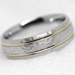 6mm Hammered Wedding Band for Men and Women, 925 Sterling Silver and Solid 10K Gold, Two Tone Mixed Metal Anniversary Ring