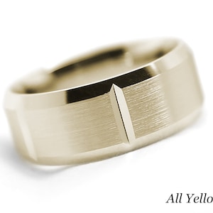 8mm 10K Gold Beveled Wedding Band for Men, Solid Two Tone Gold Brushed Personalized Engraving Ring, Mens Engagement Ring Anniversary Gift