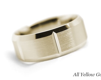 8mm 10K Gold Beveled Wedding Band for Men, Solid Two Tone Gold Brushed Personalized Engraving Ring, Mens Engagement Ring Anniversary Gift