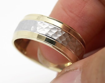 8mm 10K Gold Hammered Mens Wedding Band, Two Tone Gold Men's Engagement Ring Anniversary Gift, Classic Wide Men's Ring