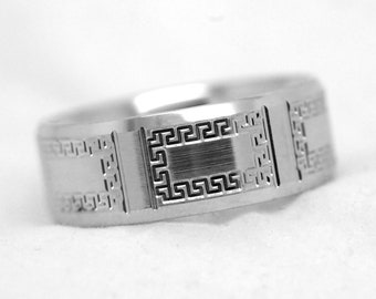 8mm 925 Sterling Silver Wedding Band for Men with Greek Key design, Classic Beveled Greek Silver Ring, Promise Engagement Anniversary, 8171