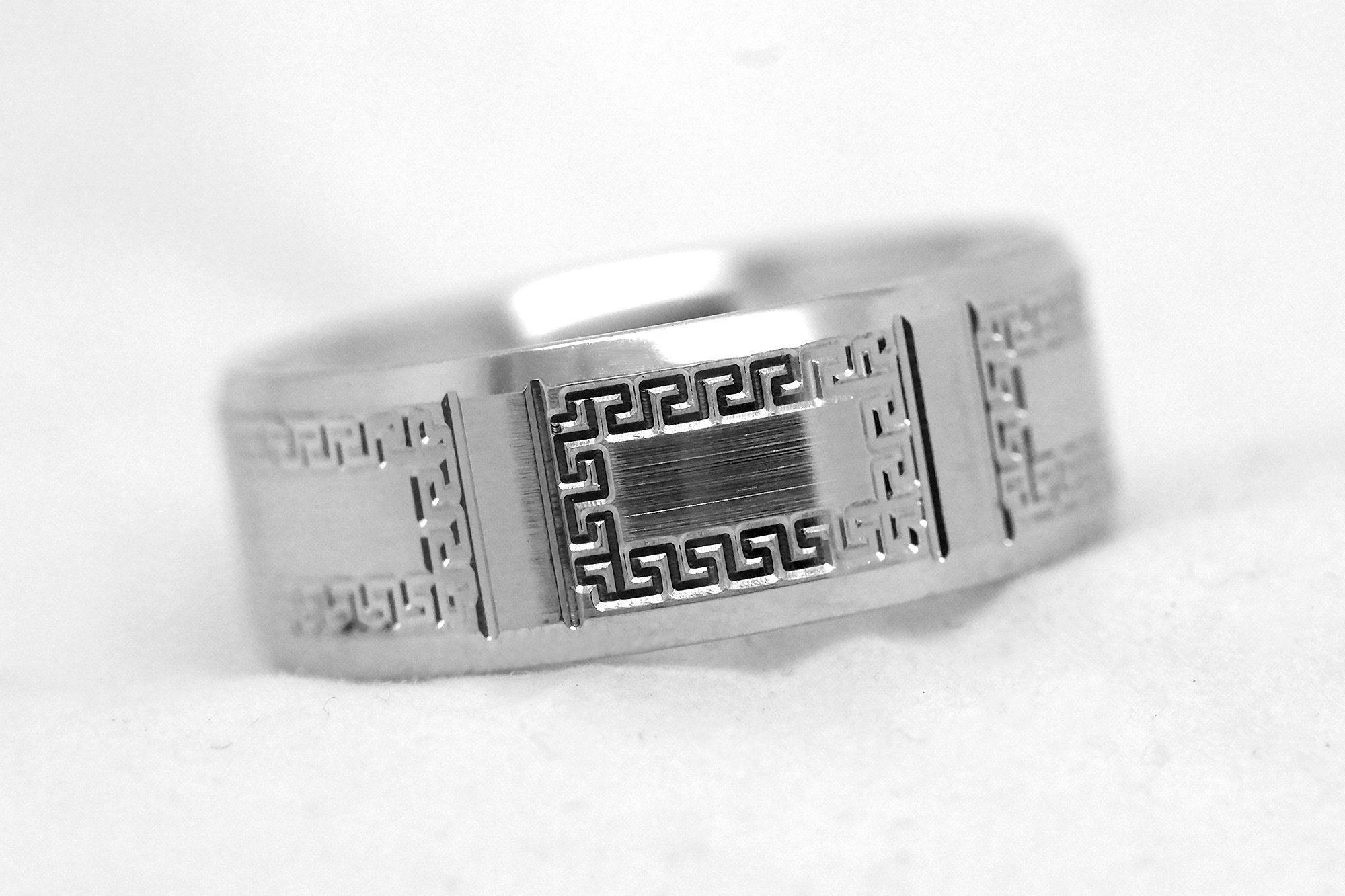 8mm 925 Sterling Silver Wedding Band for Men with Greek Key design, Classic Beveled Greek Silver Ring, Promise Engagement Anniversary, 8171