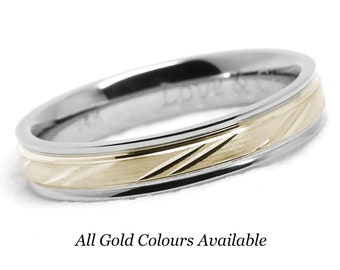4mm Solid 10k Gold Wedding Ring Men & Women with Lines, Classic Two tone Gold Ring Brushed, Men's Engagement Ring Anniversary Gift