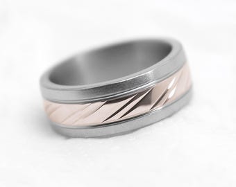 8 mm Titanium + 10K Gold Mens Ring, Two tone Wedding Band, Engagement Ring Promise Anniversary Gift for him, Personalized Jewelry Engraving