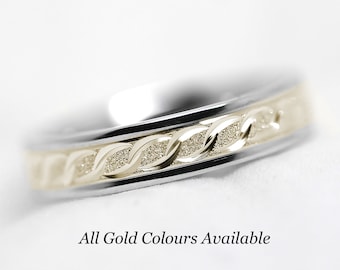 4mm 10k Gold Wedding Band Women, Infinity Sparkly Diamond Dust Ring, Moon Filigree Crescent, Solid Two tone Gold
