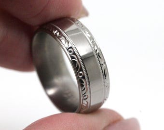 Titanium 8 mm Filigree edge wedding ring for Men and Women, High Polish Finish, titanium band for men, wedding ring for men, 0028