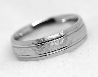 6mm Solid 925 Silver Hammered Wedding Ring with Polished Lines for Men & Women, Classic Hammered Wedding Band