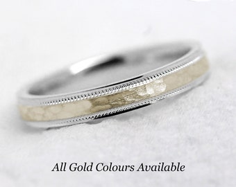 3mm Solid 10k Gold Hammered Wedding Band for Men Women, Two tone Gold Classic Wedding Anniversary Ring Gift 10k 14k 18k