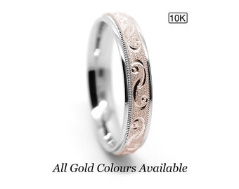 4mm 10k Gold Wedding Band for Women and Men Two Tone Gold Anniversary Engagement Ring Sparkly Diamond Dust Infinity Filigree 10k 14k 18k