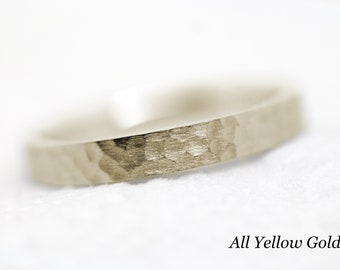 3mm Solid 10K Gold Hammered Wedding Band for Women and Men • 10K 14K 18K Gold Wedding Ring • Flat Hammered Ring Anniversary Gift