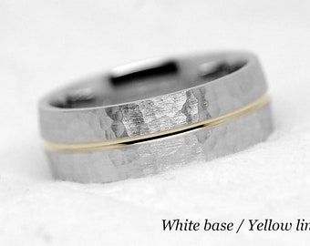 7mm 10K Gold Hammered Wedding Band for Men and Women, Solid Two Tone GoldMens Engagement Ring Anniversary Gift Matching Engraved Rings