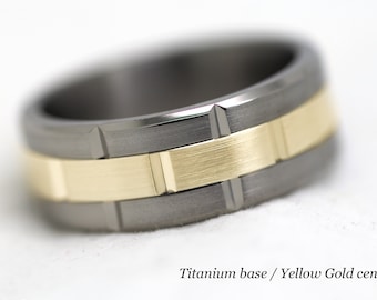 8mm Titanium 10k Gold Wedding Band for Men, Personalized Engraving, Two Tone Solid Gold or Silver Inlay, Mens Engagement Anniversary Ring