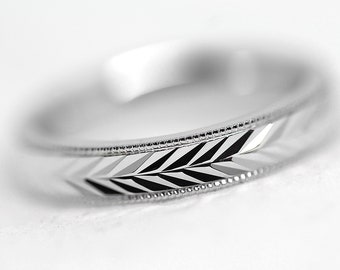 925 Sterling Silver Mens Wedding Band Women • 4MM Silver Wedding Ring • Wheat Nature Wedding Band