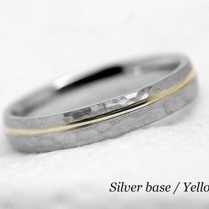 4mm Hammered Wedding Band for Men and Women, 925 Sterling Silver and Solid 10K Gold, Two Tone Mixed Metal Anniversary Ring