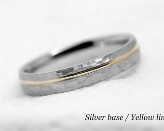 4mm Hammered Wedding Band for Men and Women, 925 Sterling Silver and Solid 10K Gold, Two Tone Mixed Metal Anniversary Ring
