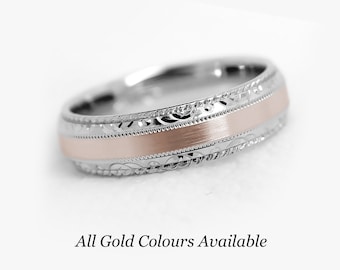 5mm 10K Mens Wedding Band, Womens Wedding Ring Comfort Fit Filigree Edge Two Tone Solid Gold, Men's Engagement Personalized Anniversary Gift