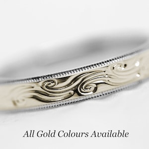 4mm Solid 10k Gold Mens Wedding Band Women, Wind Ocean Wave Two tone Gold Men's Engagement Anniversary Ring 10k 14k 18k