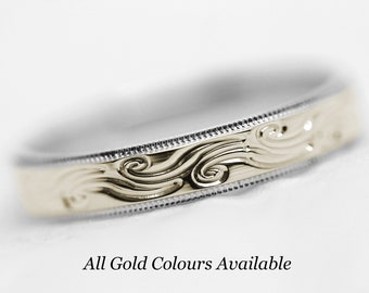 4mm Solid 10k Gold Mens Wedding Band Women, Wind Ocean Wave Two tone Gold Men's Engagement Anniversary Ring 10k 14k 18k