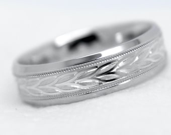 7mm 925 Silver Beveled Wedding Ring for Men Women, Leaf Floral pattern, Personalized Engraving Mens Engagement Promise Anniversary Ring