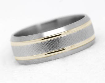 8 mm Titanium + 10k Gold Gold Lines for Men, Titanium + 925 Silver inlay, Two tone Titanium Wedding Band Beveled Engagement Anniversary T199