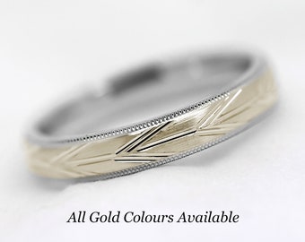 4mm Solid 10k Gold Men Wedding Band Women, Arrows Brushed Two tone Gold Mens Engagement Anniversary Ring 14k 18k