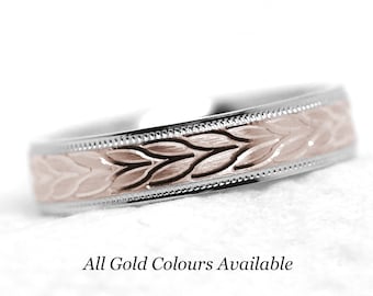 4mm 10K Gold Wedding Band for Men and Women • Leaf Floral Nature Inspired Two Tone Anniversary Ring Gift, Engagement Ring Men 10k 14k 18k