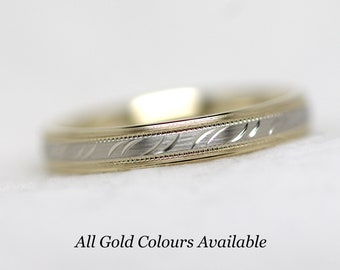 3mm Solid 10K Gold Wedding Band for Women and Men, Two tone Gold 10k Matching Anniversary Rings Filigree Engraving Rings 6693