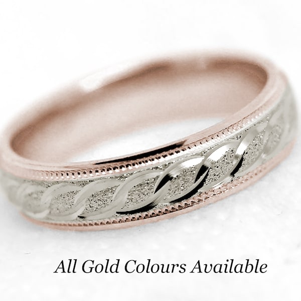 Anillo de boda infinito para mujer, de oro macizo de 10k, 4 mm, con destellos de polvo de diamante, filigrana de lunas, anillo de aniversario bicolor en oro, 10k, 14k, 18k