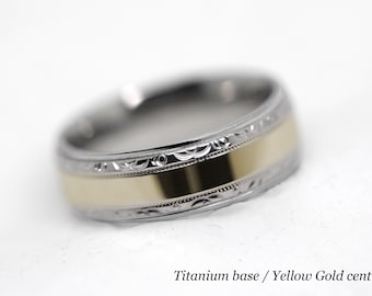 6mm Titanium and Solid Gold Inlay Wedding Ring  for Men with Filigree Edge, Two tone wedding band for Men, Hypoallergenic Wedding Ring