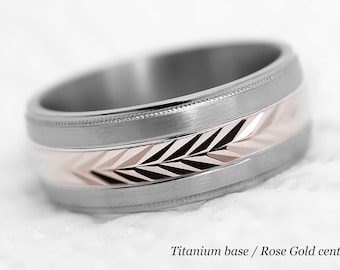 8mm Titanium and Solid Gold Inlay Wedding Ring with Wheat Design for Men, Two tone wedding band with Arrows, Faceted Wedding band for Men