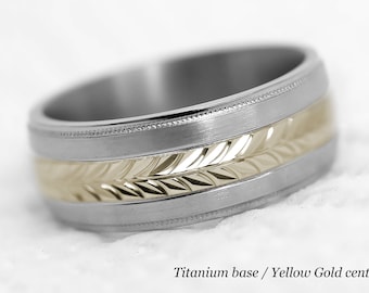 8mm Titanium 10K Gold Inlay Mens Wedding Band, Filigree Two Tone Floral Personalized Engraving, Men Engagement Promise Ring Anniversary Gift