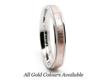 4mm Solid 10k Gold Mens Wedding Band Women, Gold Wedding Rings, Two tone Gold Anniversary Ring Satin Finish Brushed 10k 14k 18k